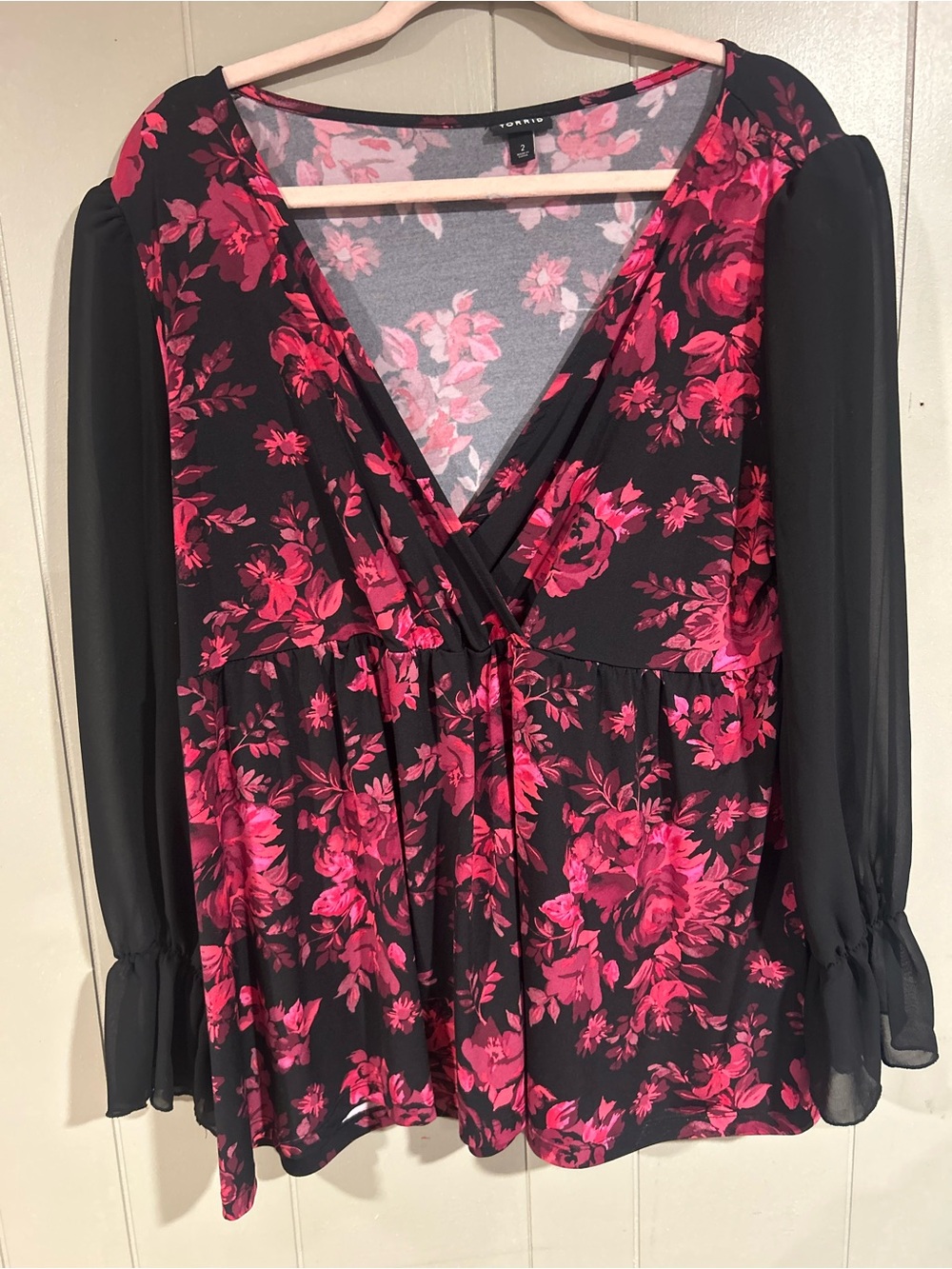 Torrid Black Blouse with Fuchsia Floral Print